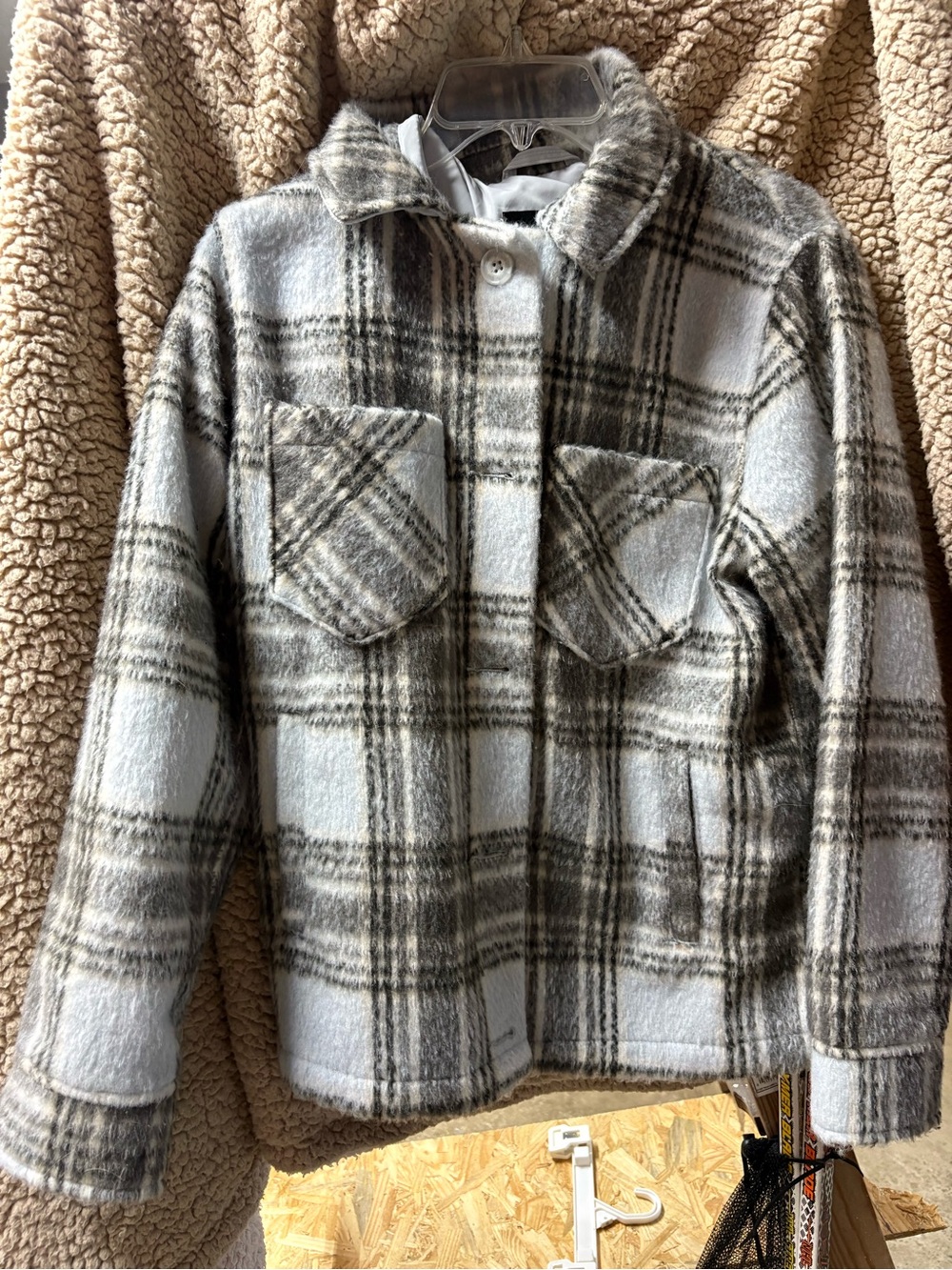 Hollister Plaid Pea Coat in Gray and Cream Tones